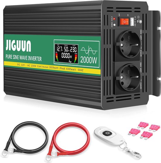 2000W 12V naar 230V Zuivere Sinus Omvormer met Draadloze Afstandsbediening en LCD-scherm - Ideaal voor Camping, Auto en Noodsituaties