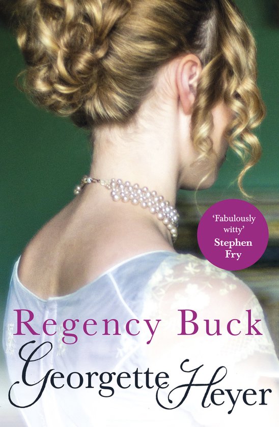 Boekcover 'Regency Buck' van Georgette Heyer. Toont achterkant vrouw met opgestoken haar en parelketting.