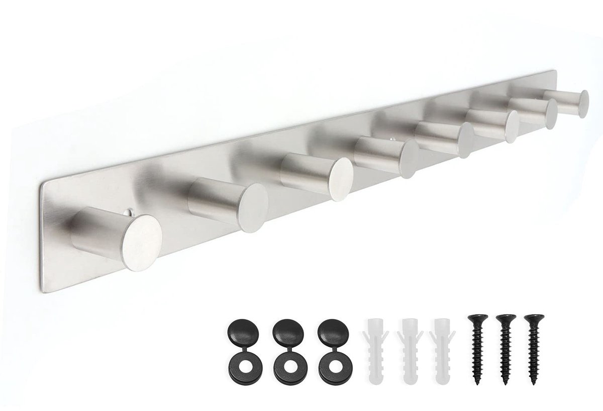 Ibenzoa Stijlvolle RVS Wandhaaklijst met 8 Multifunctionele Haken voor Diverse Ruimtes Zilver