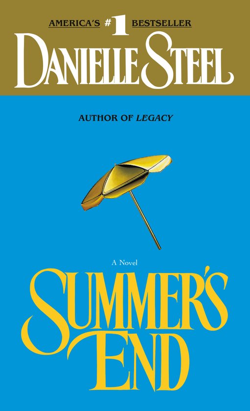 Boek "Summer's End" van Danielle Steel, met een gele parasol op een blauwe achtergrond.