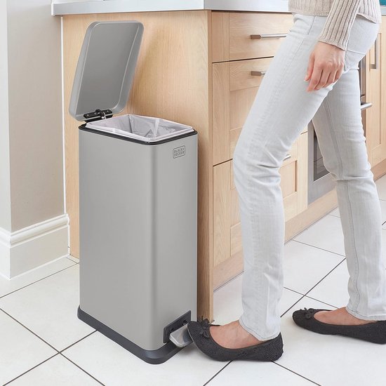 Black Decker 61059 BXBN0001GB Pedal Bin with Soft Close, Stainless Steel, 61.5 x 35 x 34 cm, Stone Grey, 30 L