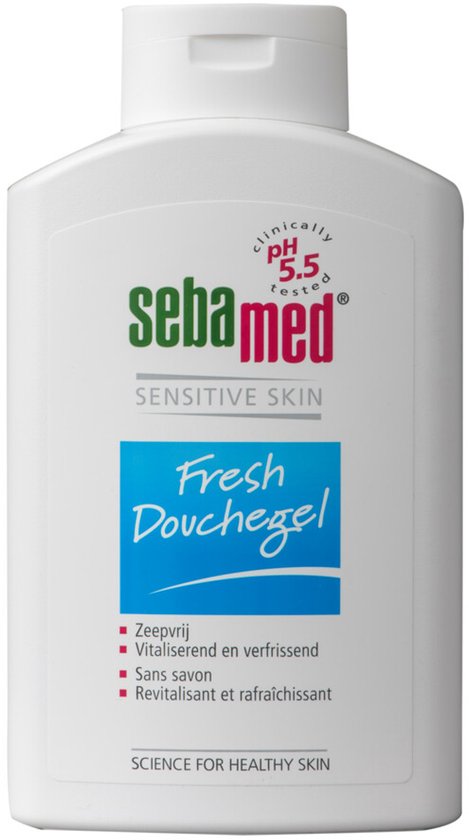 Witte plastic fles met groene en blauwe opdruk "sebamed FRESH DOUCHEGEL".