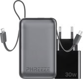 Phreeze Powerbank Mini PB04 - Krachtig & Kleine 20.000 mAh powerbank met Vaste Kabels - Inclusief 30W Snellader - Geschikt voor Lightning, USB-C