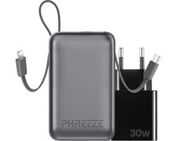 Phreeze Powerbank Mini PB04 - Krachtig & Kleine 20.000 mAh powerbank met Vaste Kabels - Inclusief 30W Snellader - Geschikt voor Lightning, USB-C