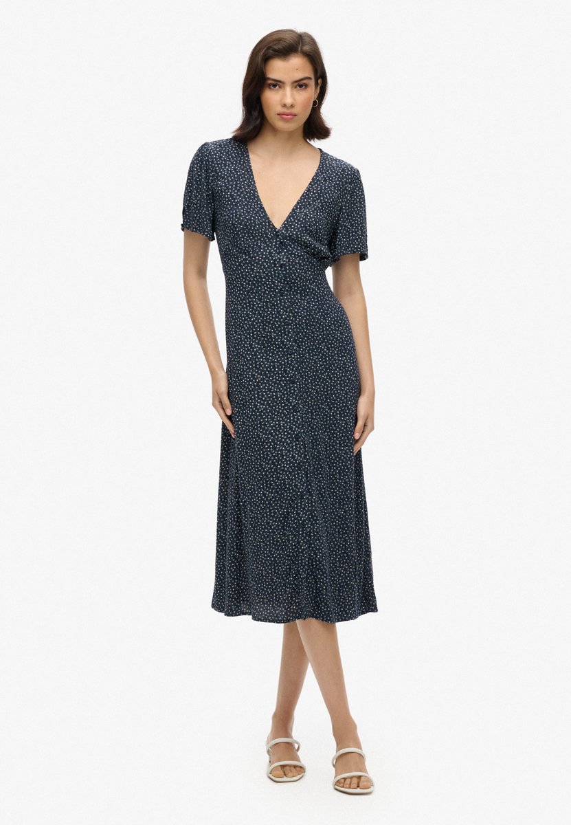 Superdry Bedrukte midi-teadress met knopen en korte mouwen Dames Jurken Marineblauw