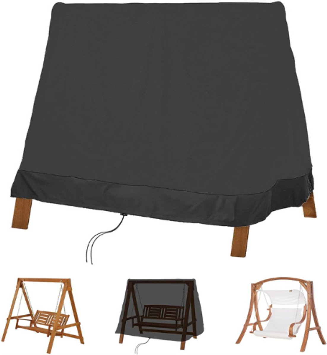PEAM Schommelbank Afdekking - Waterdichte Beschermhoes Met Spits Dak En Trekkoord - 3-Zits Hollywoodschommel Hoes - 420D Oxford-Doek Zwart - 200X139X200 Cm - Weerbestendige Afdekhoes Voor Tuinschommel