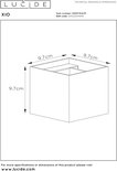 Technische tekening van een vierkante wandlamp met afmetingen 9.7cm x 9.7cm x 9.7cm.
