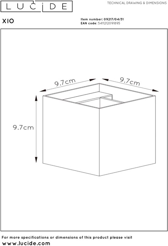 Technische tekening van een vierkante wandlamp met afmetingen 9.7cm x 9.7cm x 9.7cm.