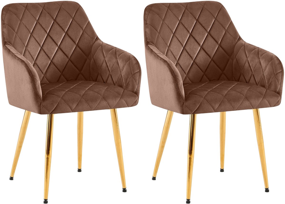 CLP Monett Set van 2 eetkamerstoelen - met armleuning - klassiek - metalen frame - Velvet - goud/bruin