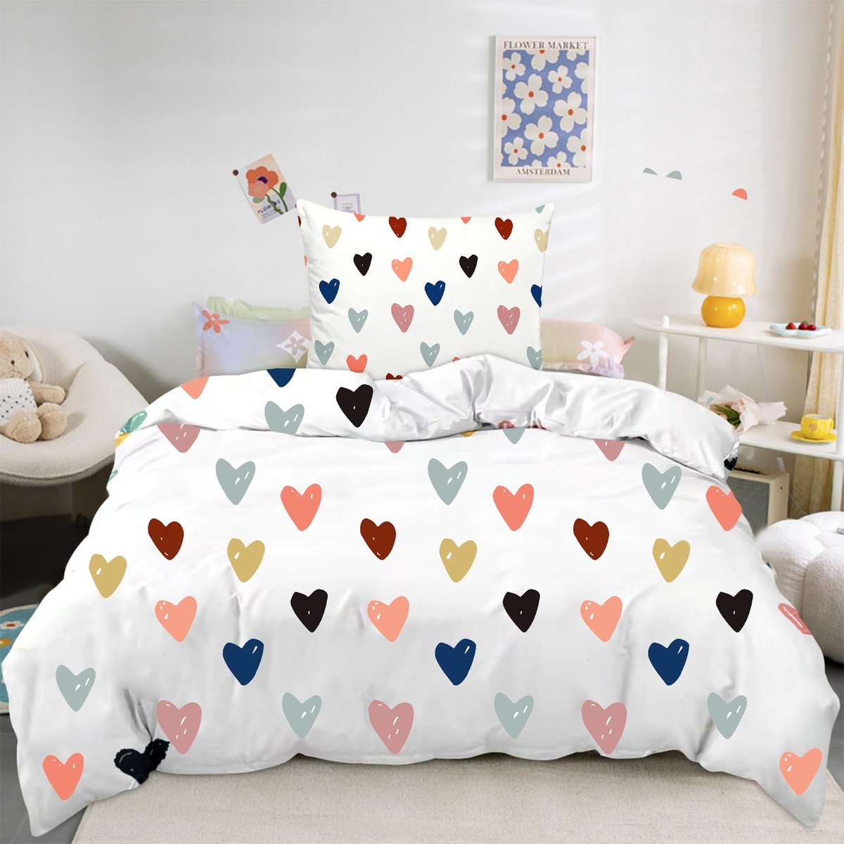 Ibenzoa Beddengoedset voor Kinderen met Kleurrijke Hartjes en Comfortabele Ritssluiting wit