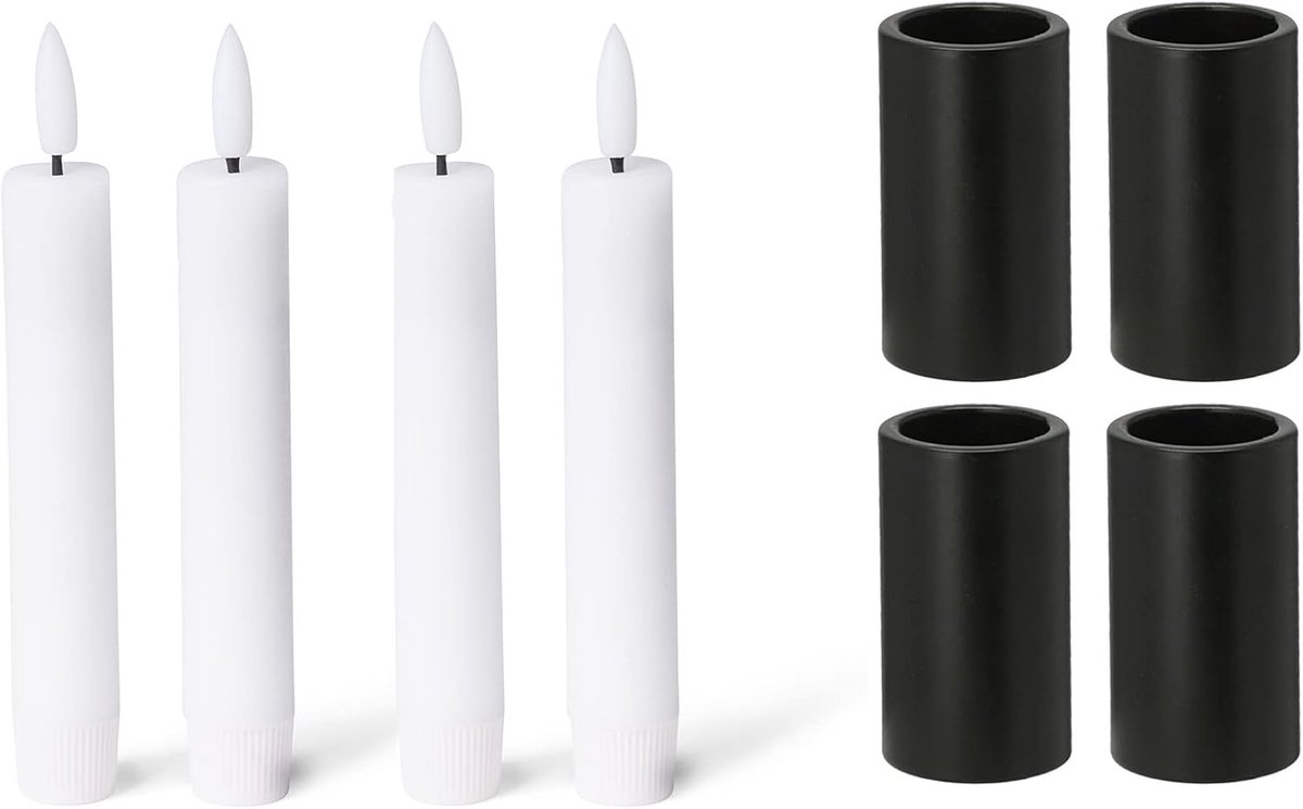 Novaliv 4x magnetische kaarsenhouders 2,8x7,5cm ZWART met elektrische premium LED-kaarsen op batterijen stokkaarsen woonkamerdecoratie kaarsenhouder stokkaarsen magneettafelkaarsen Adventskrans wit