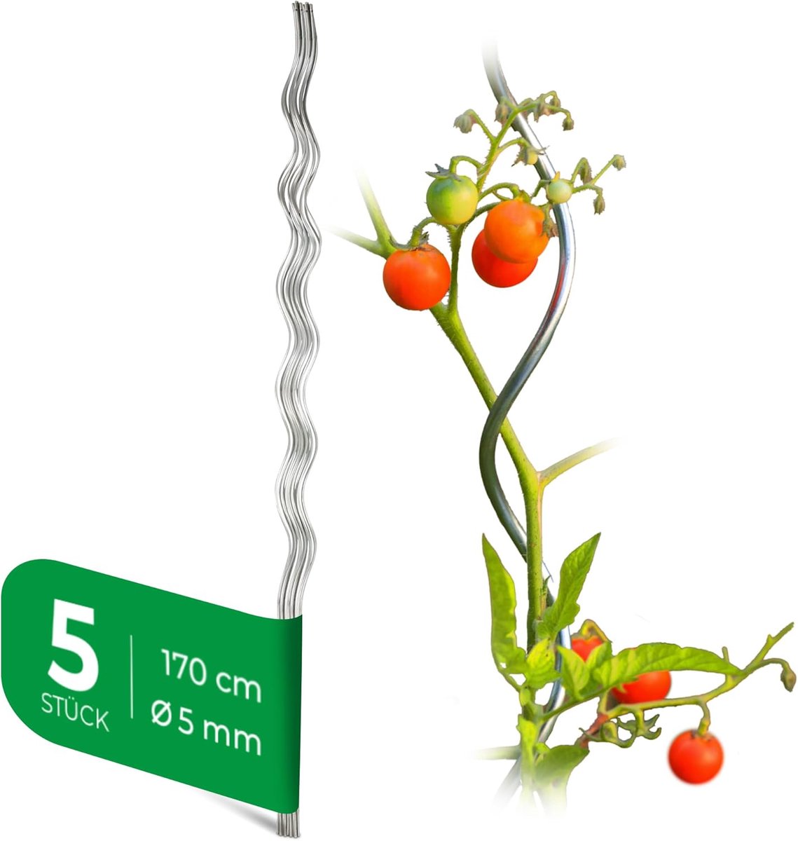 Verpakking van 5 tomatenstokken 170 cm x 5 mm Ø tomatenspiraalstokken gegalvaniseerde trellisstokken tomatenstokken 110 cm tomatentrellissteun plantenstokken tomatenstok plantenstandaard plantplug tomatenspiraalstok