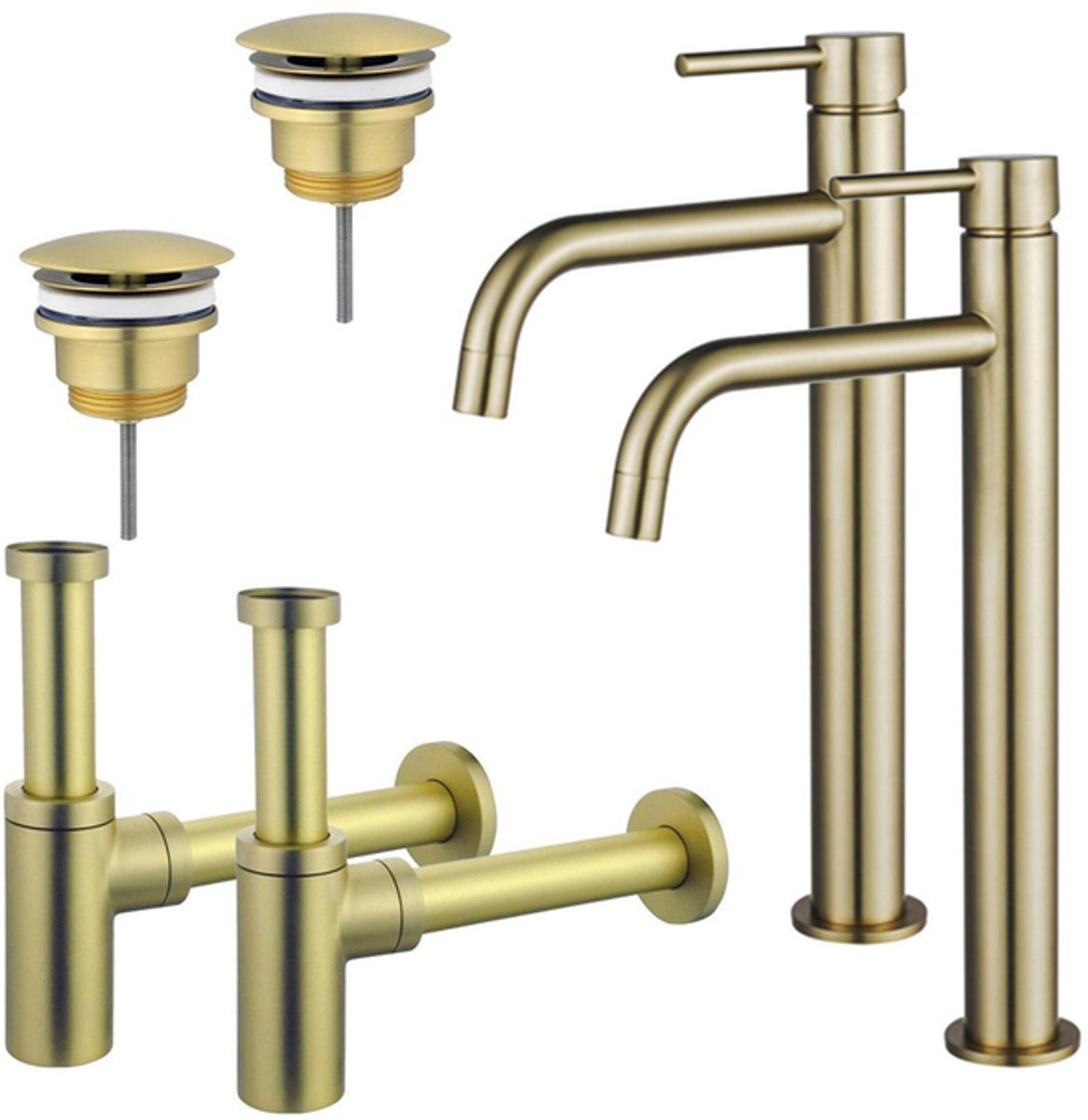 FugaFlow Eccelente Sobrado Badkamer Slim Wastafelkraanset - voor dubbele wastafel - verhoogde wastafelkraan - always open plug - design sifon - PVD Geborsteld Messing