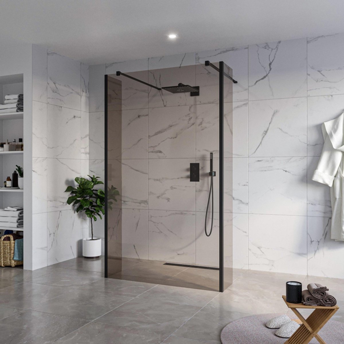 FugaFlow Eccelente Vetro Vrijstaande inloopdouche badkamer - 120x200cm - Rookglas - antikalk - 8mm veiligheidsglas - 2 zijwanden 40cm - met wandarmen en hoekprofielen - Zwart mat -