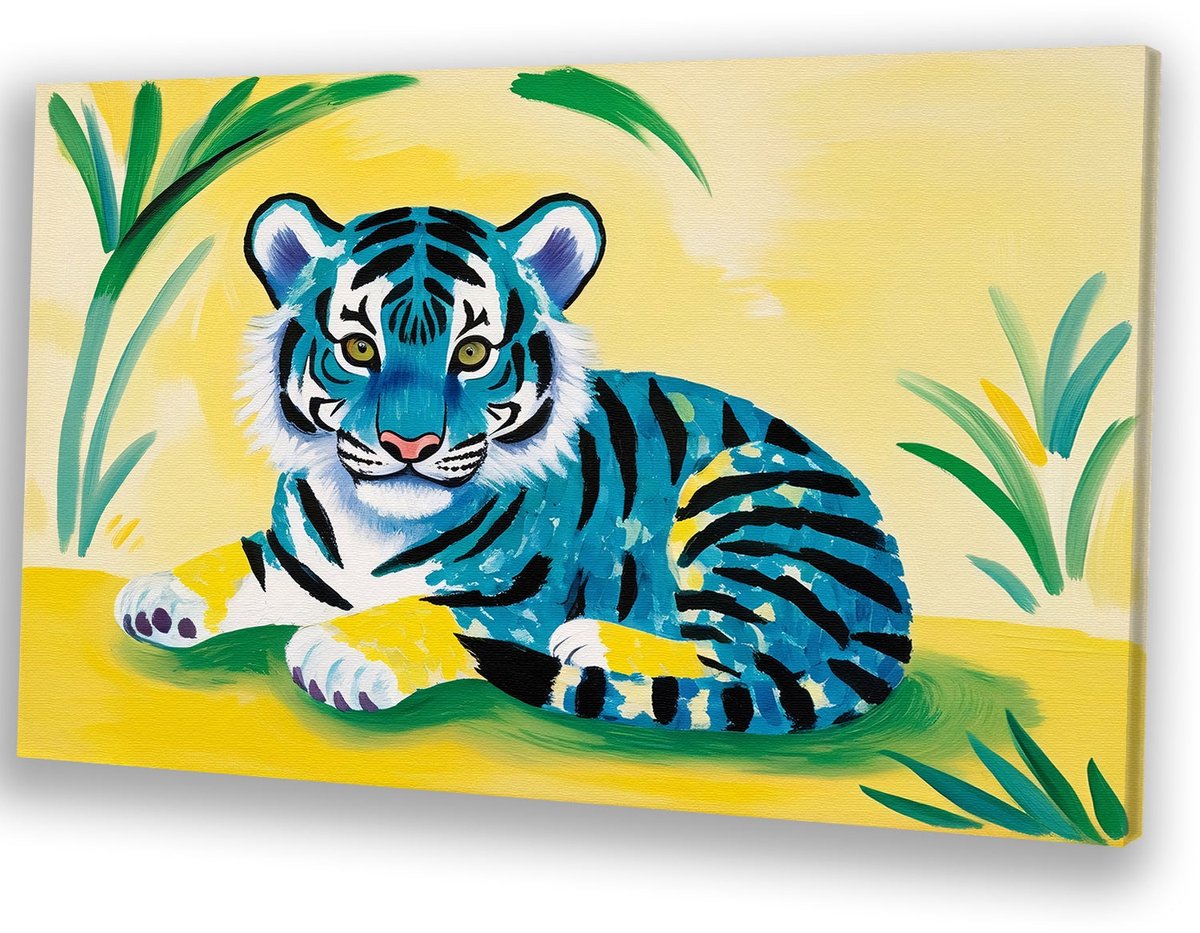 Blauw tijger met planten - Tijger muurdecoratie - Wandkunst dier - Pop Art - Wanddecoratie landelijk - Kunstwerken schilderij - canvas 60x40 cm