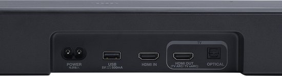 Arrière de la barre de son JBL avec ports : alimentation, USB, HDMI IN, HDMI OUT, OPTICAL.