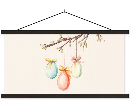 Posterhanger incl. Poster 90x45 cm - Schoolplaat - Paastak - Strikje - Eieren - Textielposter - Zwarte latten