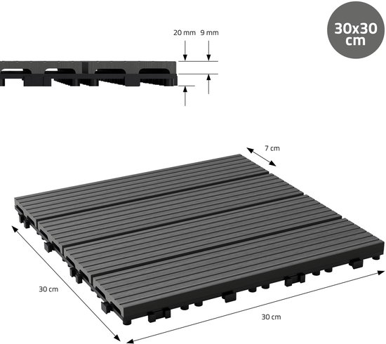 Jiubiaz WPC terrastegels houtlook 30 x 30 cm, 1 m² = 11 tegels, kliktegels, balkontegels, vloerbedekking voor balkon en terras - weerbestendig, met drainagefunctie | antraciet
