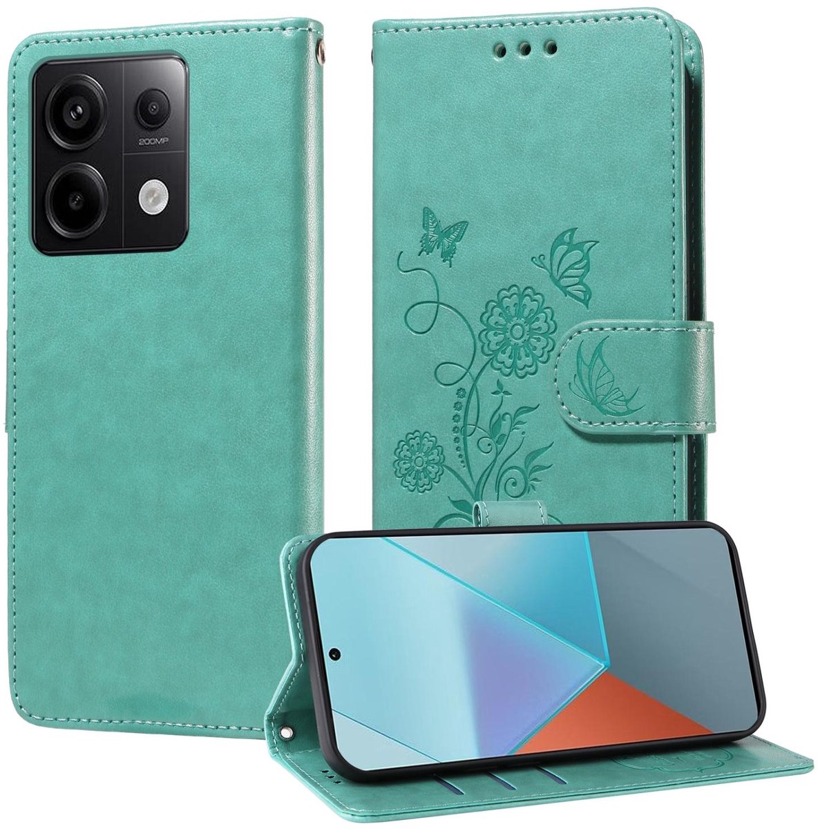 Mobigear Telefoonhoesje geschikt voor POCO X6 Hoesje | Mobigear Flowers Bookcase Portemonnee | Pasjeshouder voor 3 Pasjes | Telefoonhoesje voor Pinpas / OV Kaart / Rijbewijs - Groen