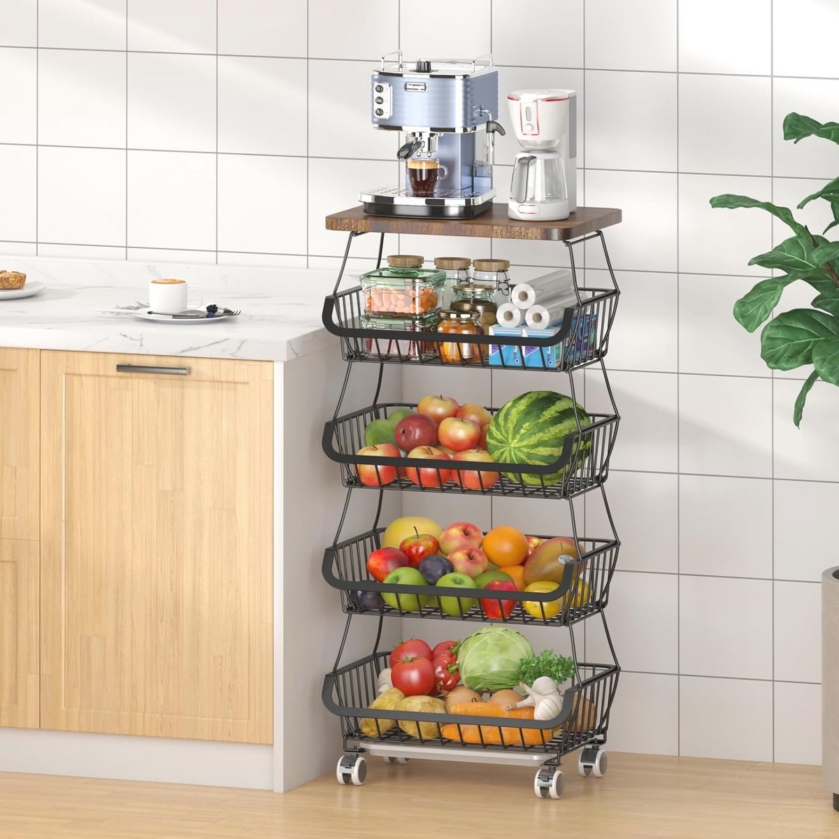 Stapelbare Fruitmand met Houten Deksel en Wielen - 5-Laags Organizer voor Keuken en Opslag