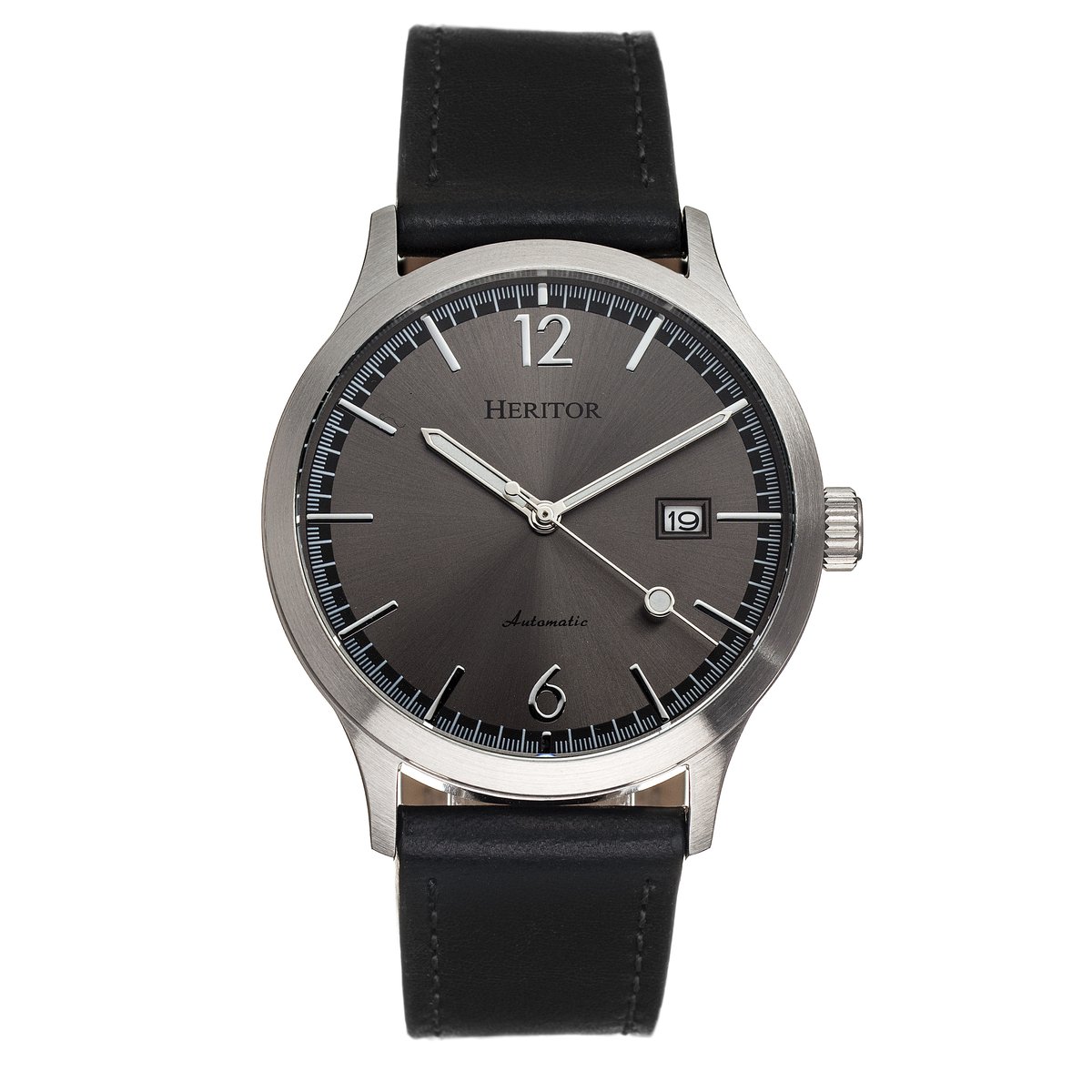 Heritor Automatic Becker leren horloge met datum - zilver-antraciet
