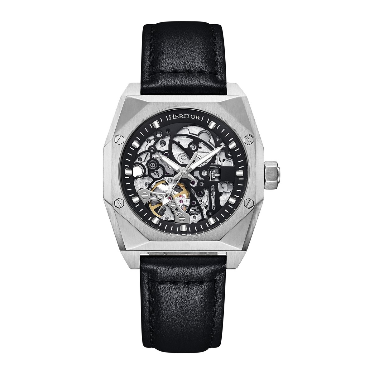 Heritor Automatic Elliott horloge met leren band - Zilver-Zwart-Zwart