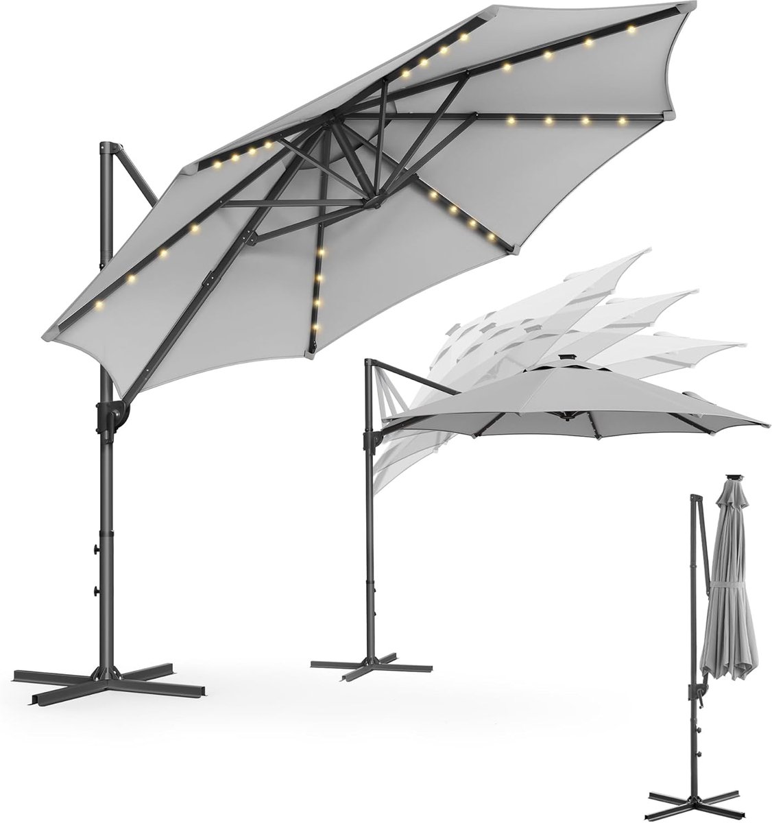 FurnStar - Parasol 300 cm - Zweefparasol - 28 LED-lampen op zonne-energie - UV-bescherming UPF 50+ - 360° draaibaar - Traploos kantelbaar - Met zwengel, kruisvoet - Duifgrijs