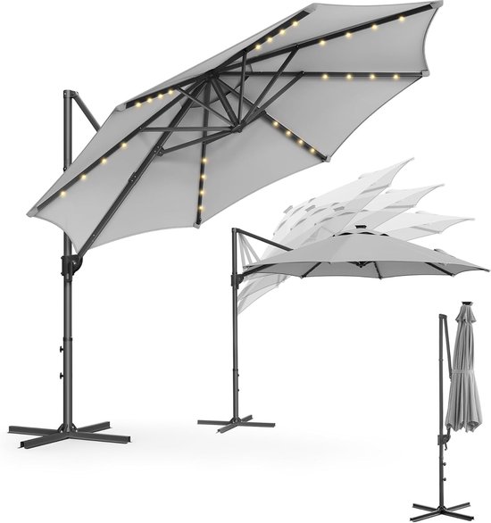 FurnStar - Parasol 300 cm - Parasol déporté - 28 lampes solaires LED- Protection UV UPF 50+ - Rotatif à 360° - Inclinaison réglable en continu - Avec manivelle, pied en croix - Gris tourterelle