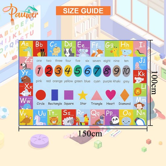 Pauwer Speeltapijt voor kinderen, extra groot, 100 x 150 cm, ABC-alfabet, cijfers, vormen, dieren en kleuren, educatief tapijt voor woonkamer, slaapkamer, speelkamer en klaslokaal