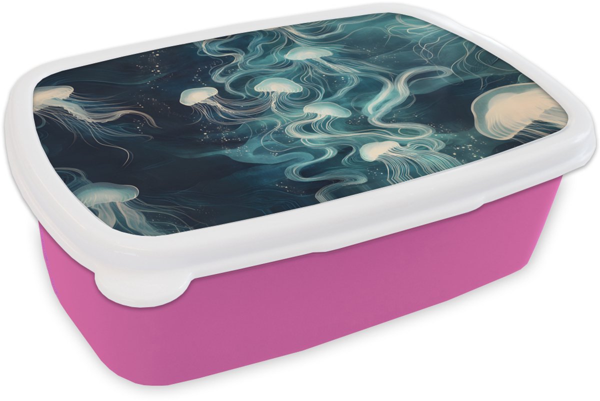 Broodtrommel Roze - Lunchbox Kwallen - Zee - Wit - Golven - Brooddoos 18x12x6 cm - Brood lunch box - Broodtrommels voor kinderen en volwassenen