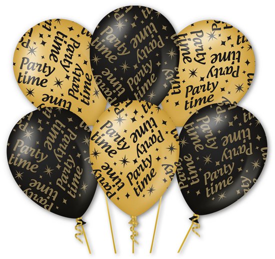LUQ – Latex Ballonnen Party Time – 6 Stuks – Zwart-Goud – Luxe Feest Decoratie – Party Decoration – Helium Ready