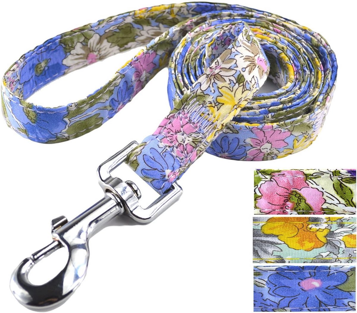 Hondenriem met Bloemenpatronen voor kleine, middelgrote en grote honden - Duurzaam en Sterk - 4FT & 4/5'' Breed - Blauw