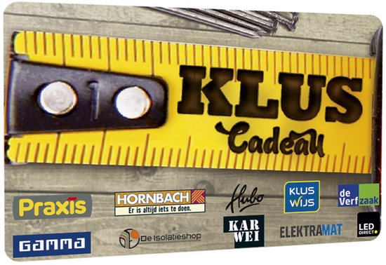 Gelee meetlint met de tekst 'KLUS Cadeau'. Diverse logo's van bouwmarkten eronder.