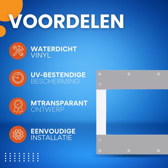 Voordelen: waterdicht vinyl, UV-bescherming, transparant ontwerp, eenvoudige installatie. Grijze rand met gaten voor installatie.