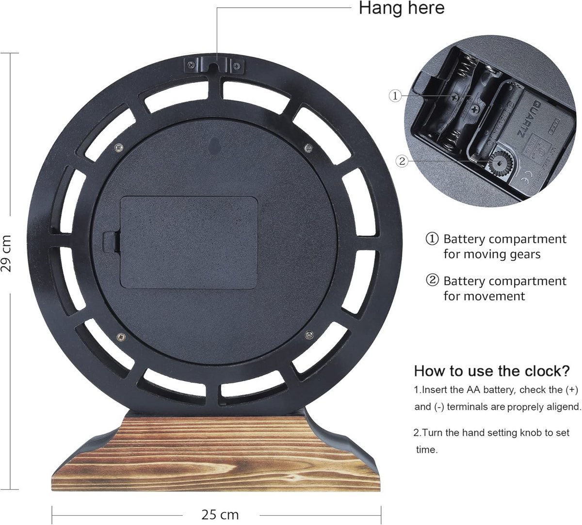 10 Inch Houten Vintage Wand- en Tafelklok met Bewegende Tandwielen - Rustieke Decoratie voor Thuis — cadeau in Wonen & Interieur - foto 6