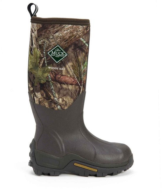 Bruine Muck Boot Woody Max laars met camouflageprint en Muck Boot merknaam.