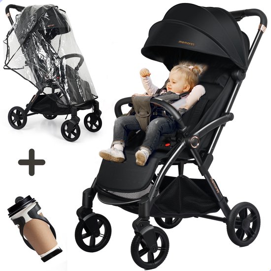M2 Memores Plooibuggy Zwart - Buggy Inklapbaar Inclusief Regenhoes, Bekerhouder en Tassenhaken - 5 Jaar Garantie - Peuter -Extra licht & Compact voor Vliegtuig, Auto & OV - Veilig en Wendbaar - Grote Wielen - Tot 4 jaar - Kinderwagens - Wandelwagen