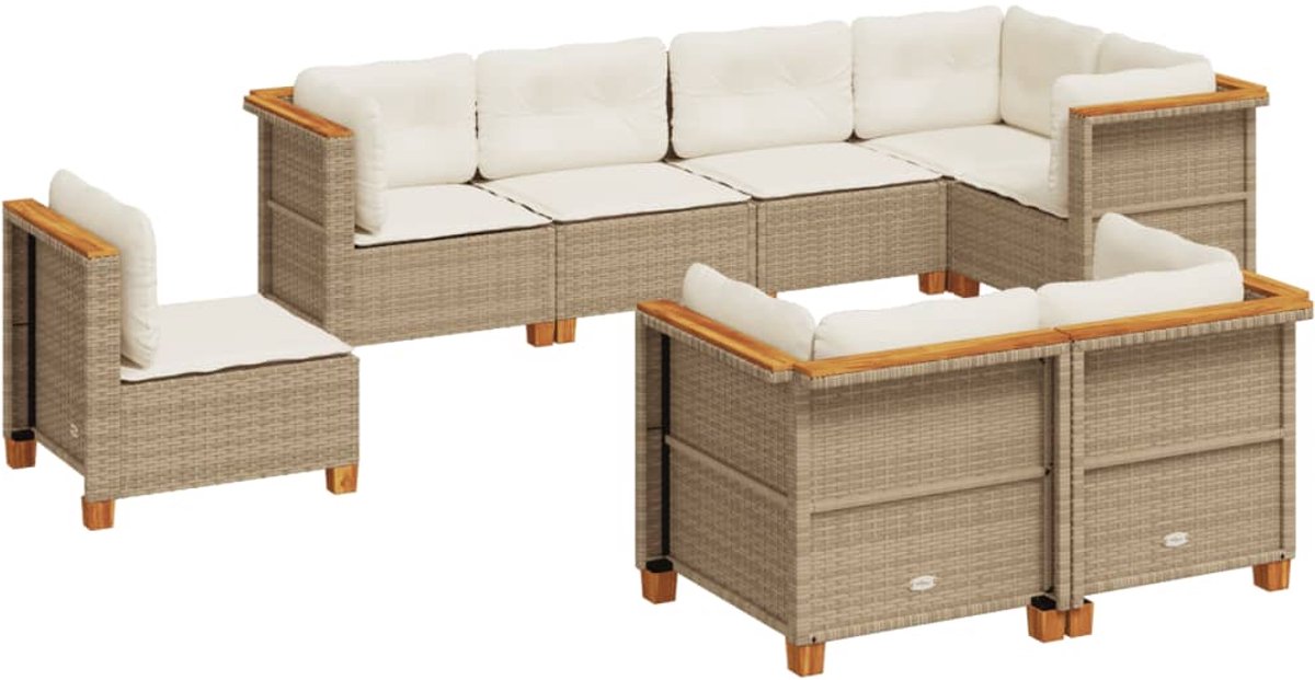 The Living Store 8-delige Loungeset met kussens poly rattan beige - Loungebank - Tuinset - Lounge Set - Buitendecoratie - Tuinmeubels