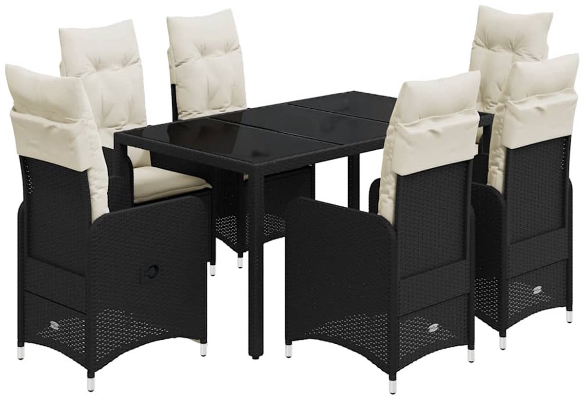 The Living Store 7-delige Bistroset met kussens poly rattan zwart - Tuinstoel - Bistroset - Lounge Set - Buitendineren - Terrasdecoratie