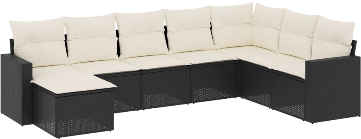 The Living Store 8-delige Loungeset met kussens poly rattan zwart - Loungebank - Lounge Set - Tuinset - Buitendiner - Tuinmeubels
