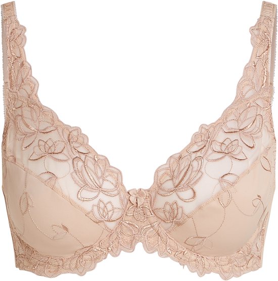 Beige beugelbeha met delicate bloemenpatronen en kanten randen. Los product.