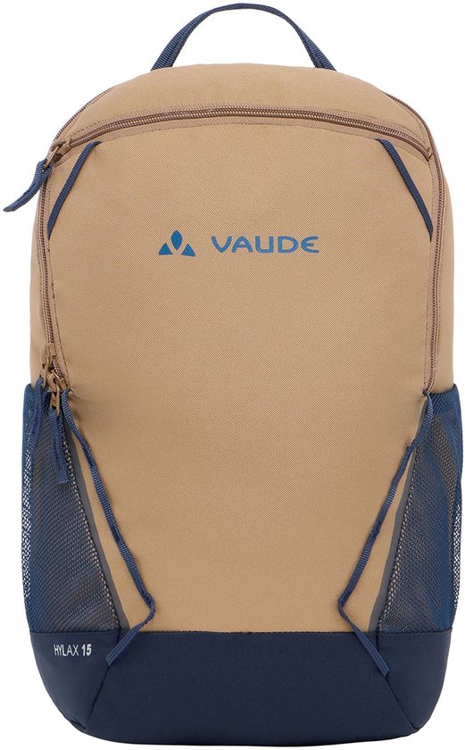 Zandkleurige VAUDE rugzak 'Hylax 15' met donkerblauwe accenten, mesh zijvakken en VAUDE logo.