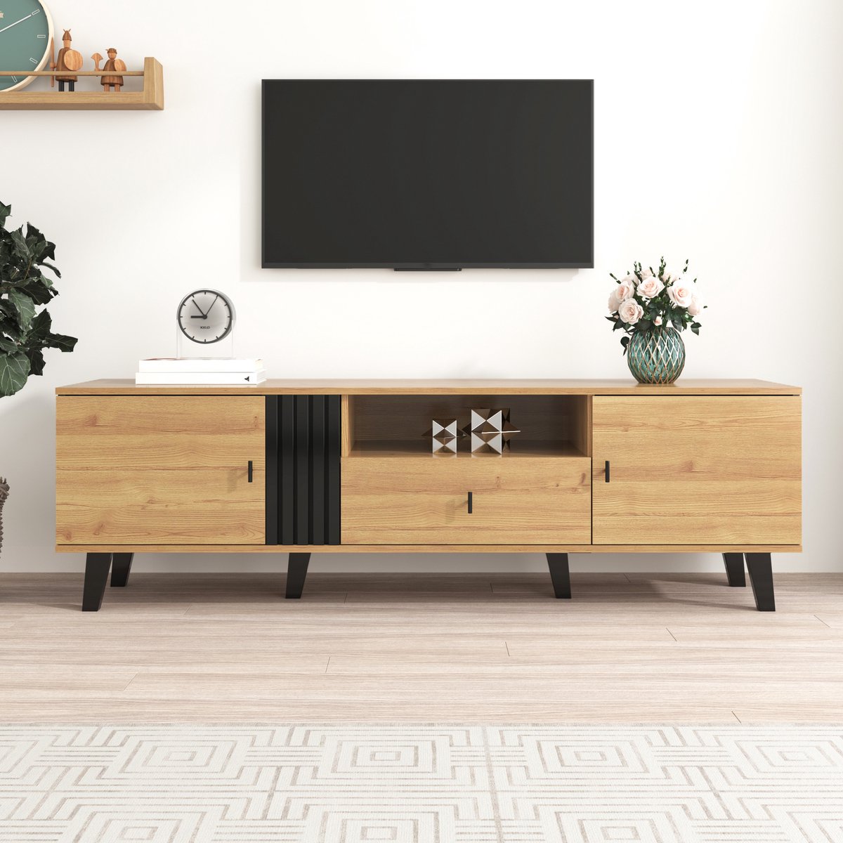 Sweiko 172cm TV kast met hout en zwart ontwerp, TV meubels, lowboard met laden, veelzijdige opslagfuncties, unieke uitstraling