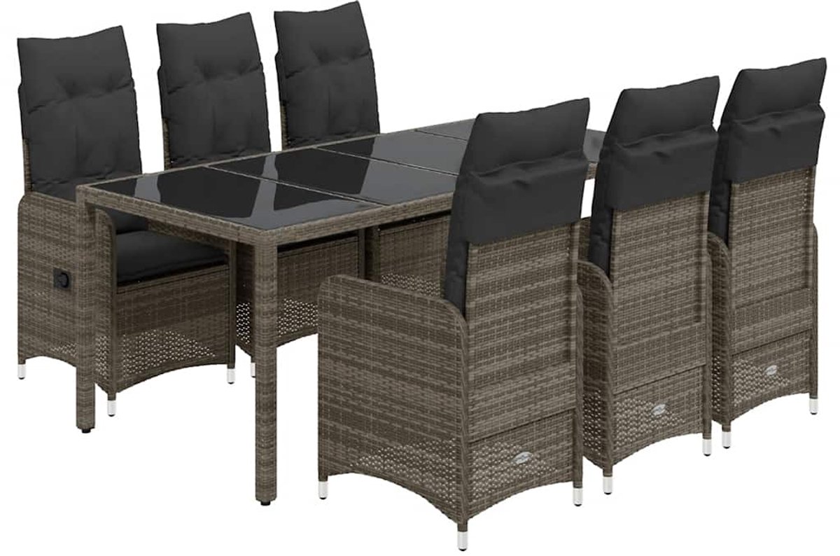 Moderne grijze poly rattan bistroset met kussens en tafel voor buiten.