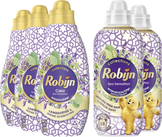 Vier flessen Robijn Color wasmiddel en twee flessen Robijn wasverzachter met lavendel en eucalyptusprint.