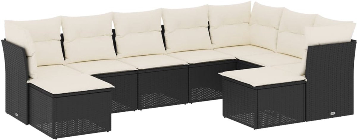 The Living Store 9-delige Loungeset met kussens poly rattan zwart - Loungebank - Lounge Set - Tuinlounge - Buitentijnen - Outdoor Furniture