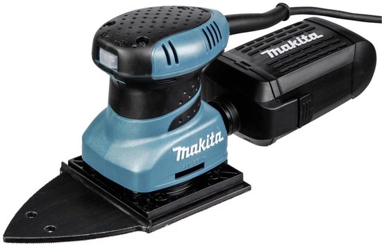 Turquoise Makita schuurmachine met snoer, stofopvang en delta schuurzool.