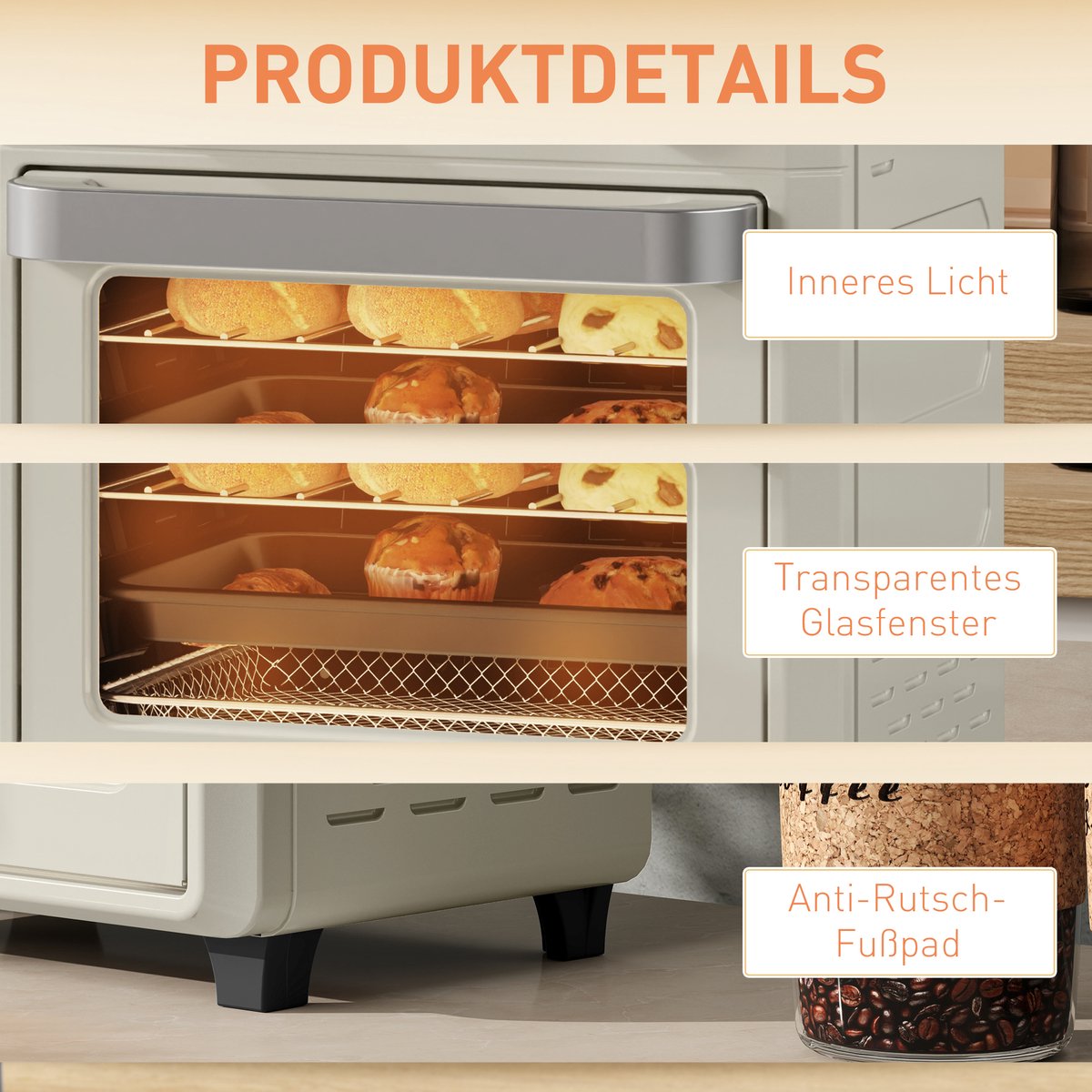ZYLARO mini Airfryer oven - Vrijstaande Elektrische Oven - AirFryer, Bakken, Grillen en meer - 10 Liter - 1000 Watt - Vintage crème wit – foto 4