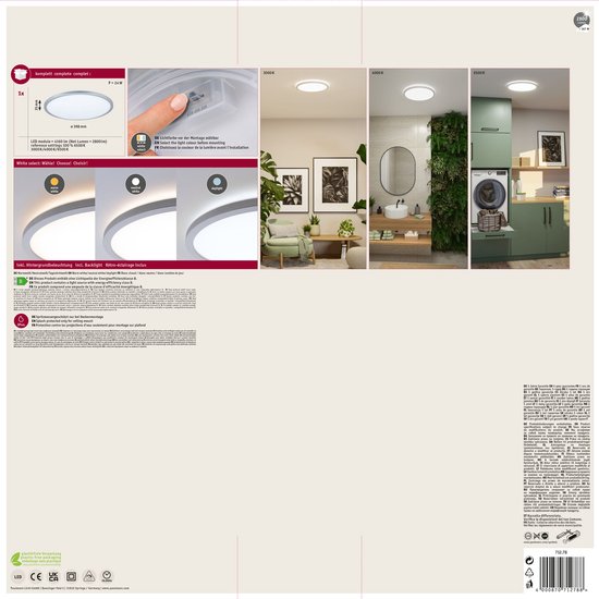 Verpakking Atria Shine: maten, lichtkleur instelling, montagetips en ruimtes.