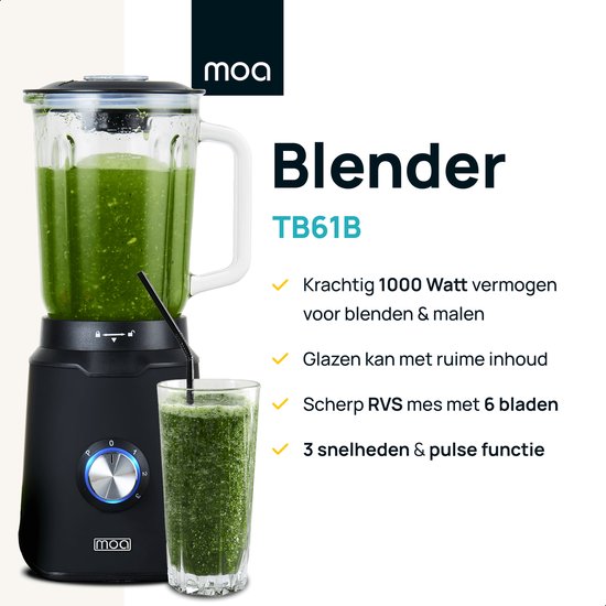 MOA Krachtige Blender - Met glazen kan - 1,5 liter - Zwart - 1000 Watt - TB61B van MOA — afbeelding 2